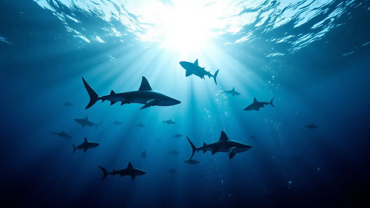 School of hammerhead sharks silhouetted in blue water, Alor